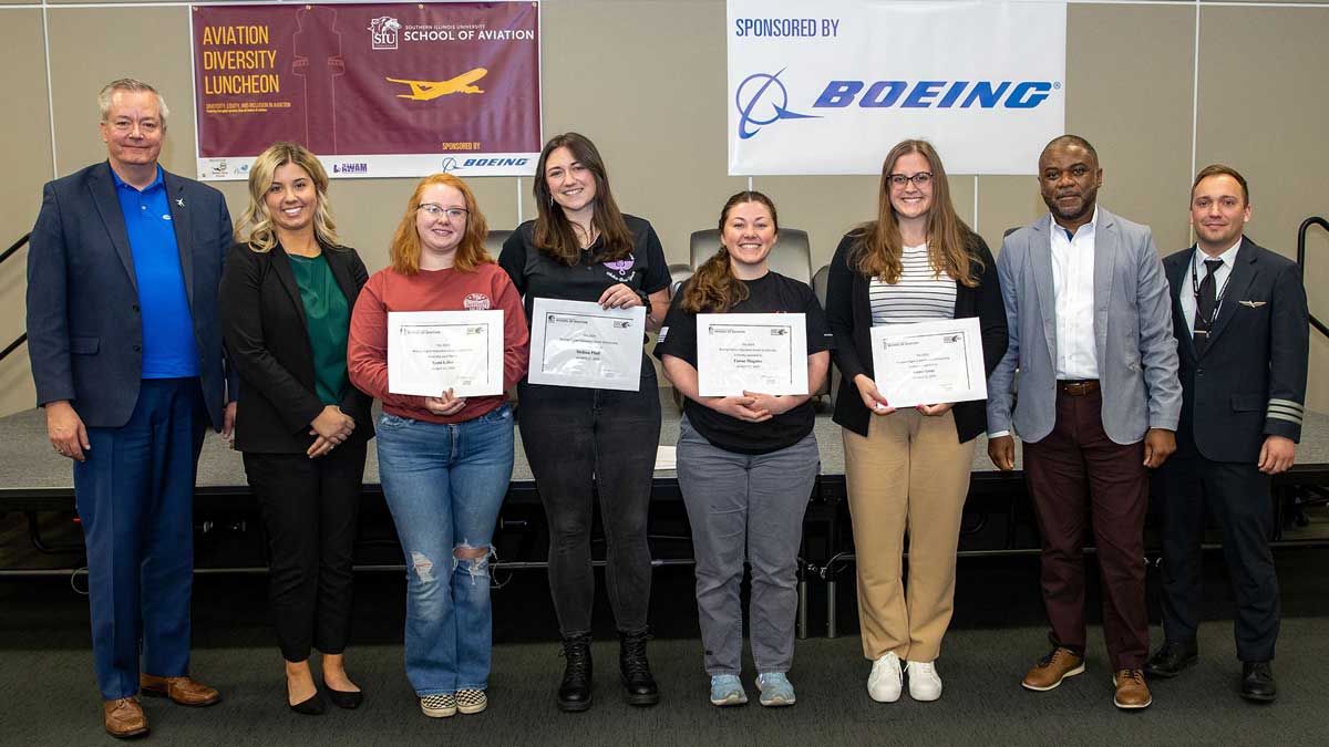 SIU Aviation students celebrate receiving scholarships as part of a grant program funded by The Boeing Company